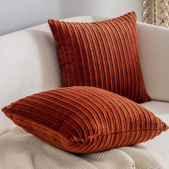 Set of 2 Rust Burnt Orange Soft Corduroy Stripe Velvet Pillow Covers Pillows New - Picture 7 of 7